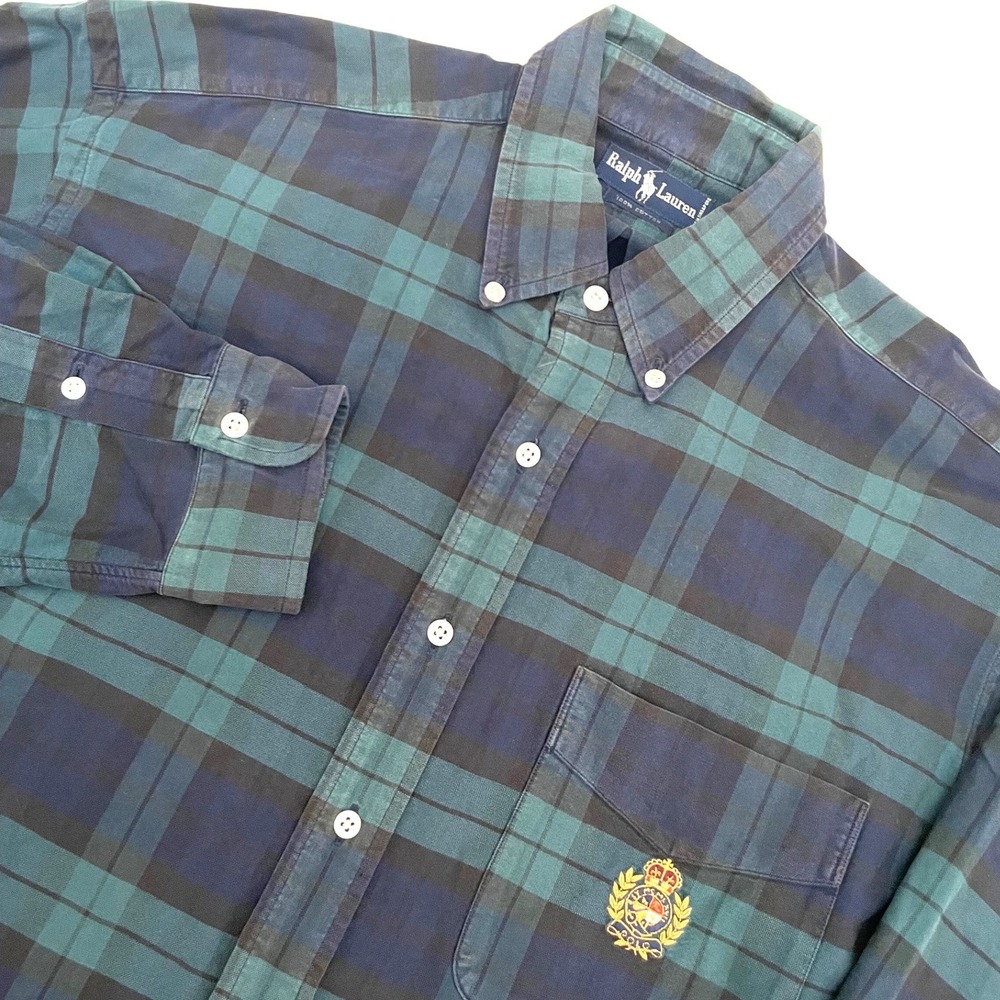 Vintage Ralph Lauren Plaid Gold Crest Button Down Shirt Large Green Blue